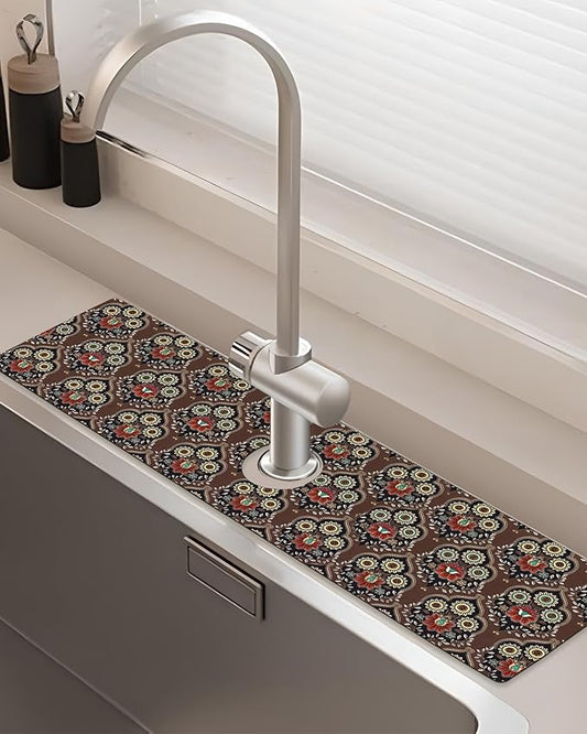Patterned Sink Faucet Mat Kitchen Splash Guard Super Absorbent Drying Mat, Non-Slip Drain Pad for Kitchen Counter or Bathroom-24x5.5in