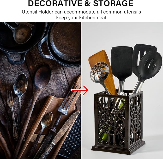 jogreful Utensil Holder, Cast Iron Kitchen Utensil Crock for Countertop, Extra Large Utensil Organizer with Weighted-Base, Housewarming Vintage Decor, Flower Pattern, Coffee Gold