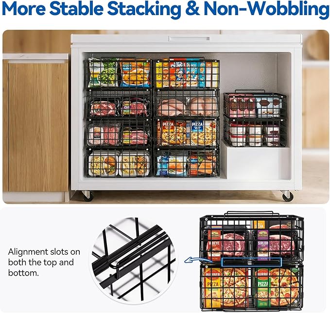 Reinforced Freezer Organizer Bins, 4 Pack Large Stackable Vertical Chest Deep Freezer Storage Containers, Thickened Black Wire Foldable Baskets with Handles