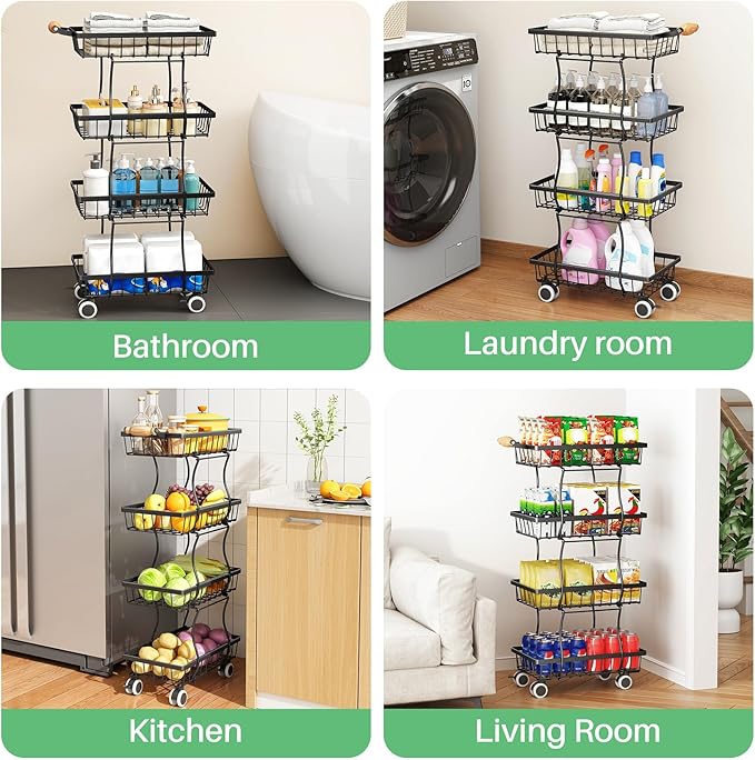 SAYZH Fruit Basket Kitchen Pantry Organizers and Storage - 4 Tier Stackable Metal Wire Basket Stand for Fruit Vegetable Snacks Jars Bins Containers Organization(Black, 4 Tiers)