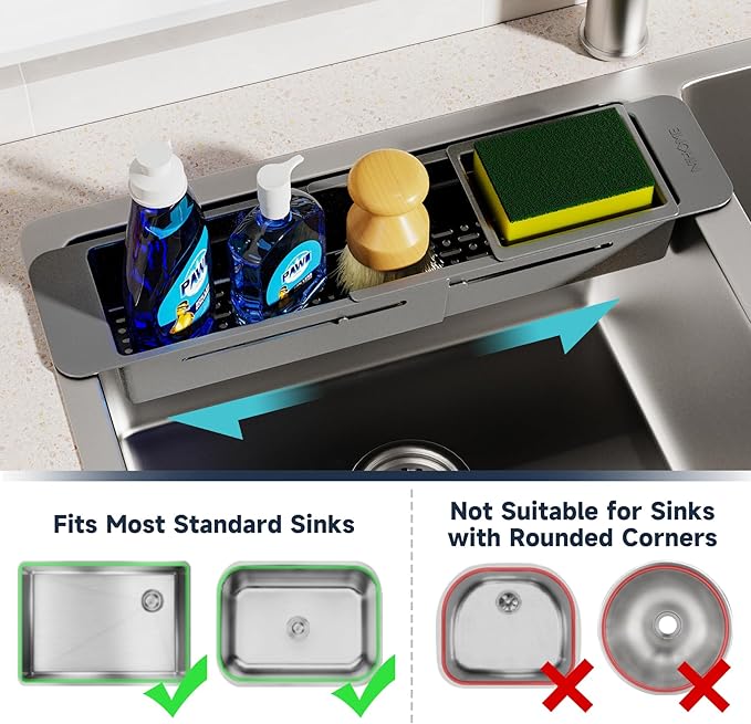 NiHome Extendable Over Sink Kitchen Organizer, Small Telescopic Brush Storage Rack for Sponge, Non-Slip Pads Expandable Sink Caddy, Adjustable Sponge/Brush Rack with Drainage Durable ABS (Dark Gray)