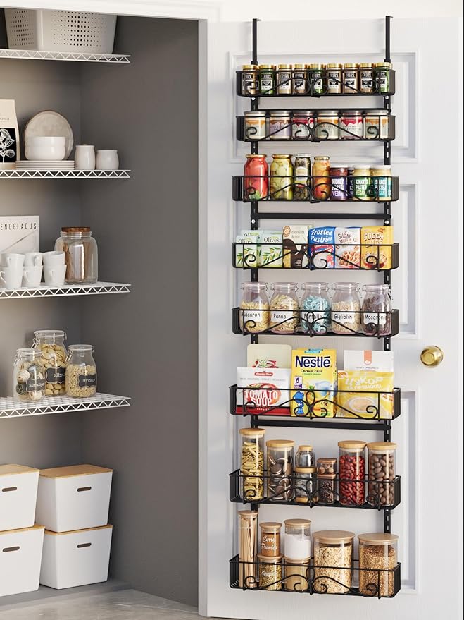 Over the Door Pantry Organizer, 8-Tier Over the Pantry Organization And Storage, Metal Hanging Spice Rack Shelves Door for Home & Kitchen, Laundry Room Bathroom, Black
