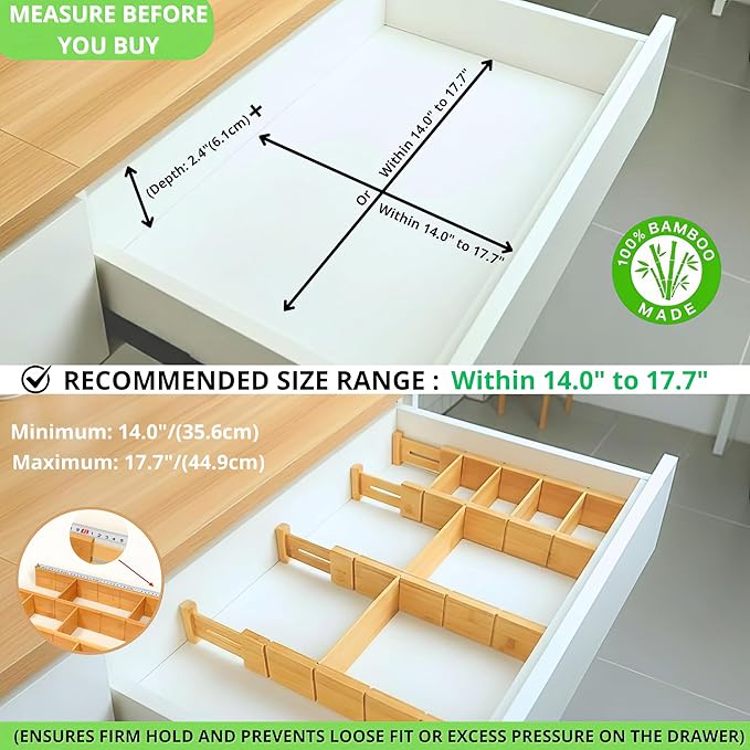 13.7-18.7" Expandable Bamboo Drawer Dividers with Inserts 4-Pack Spring-Loaded with Non-Slip EVA Pads, Adjustable Separator Set for Kitchen Utensils,Bedroom, Office,Bathroom