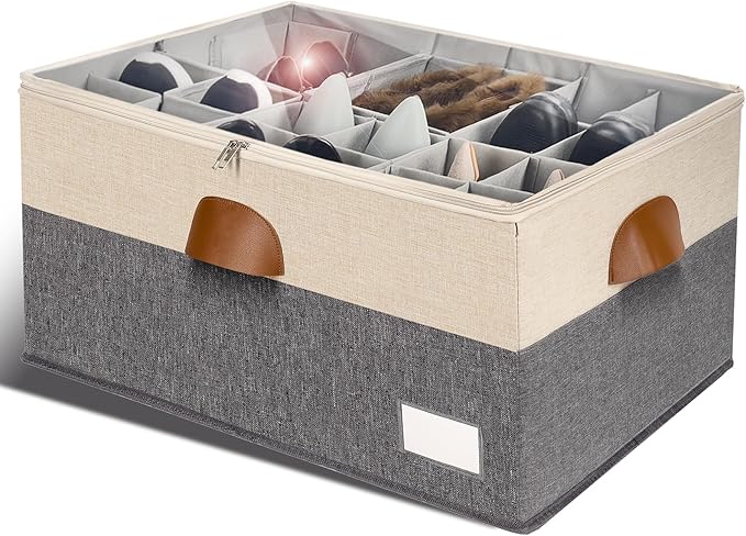RONCHIL Shoe Organizer for Closet, Foldable Shoe Storage Bins with Clear Cover, Space Saving Shoes Holder with 4 Handles, Large Adjustable Shoe Box Storage Containers, Fits 12-24 Pairs, 1 Pack, Beige