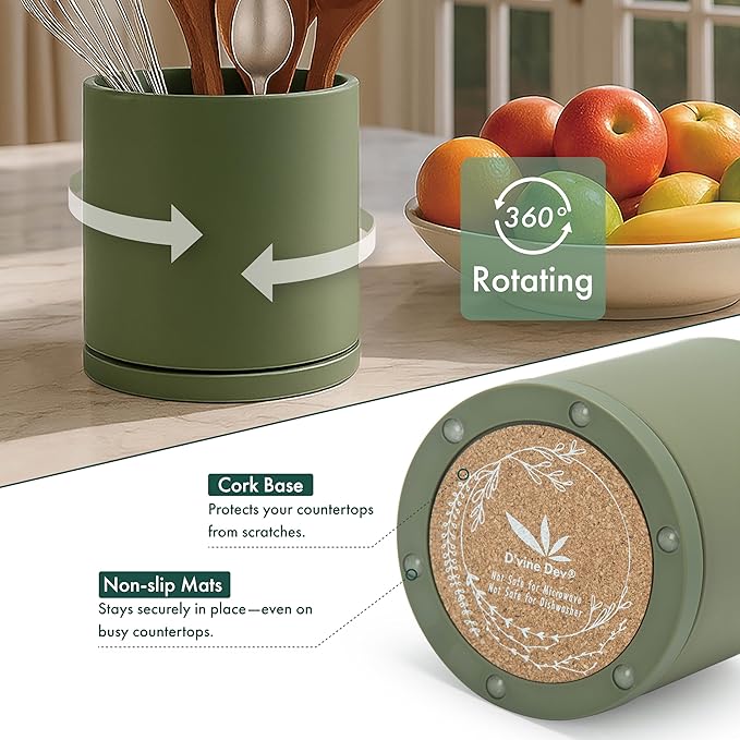 D'vine Dev 360° Rotating Utensil Holder – 5" Kitchen Utensil Crock for Countertop, Modern Cooking Tool Organizer for Kitchen Storage & Décor, Set of 2, Olive, 72-Y-C-1
