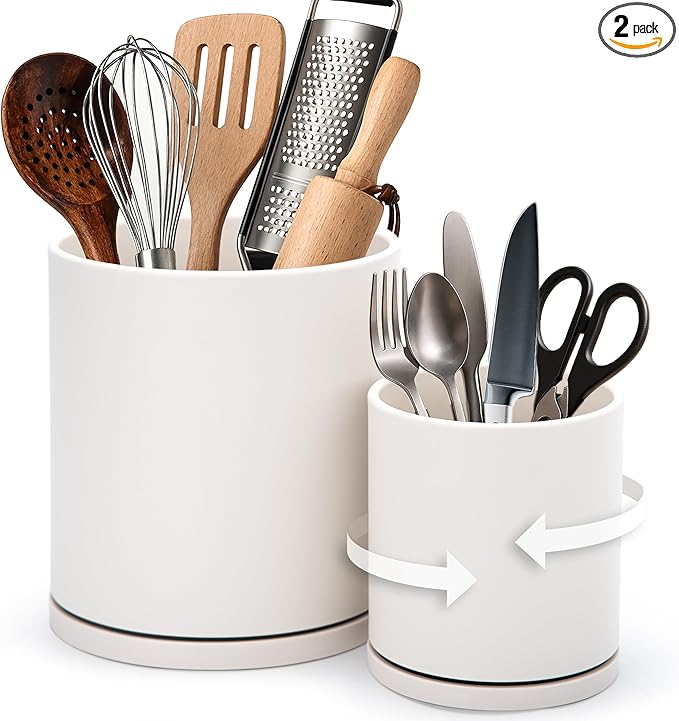 D'vine Dev 360° Rotating Utensil Holder Set – 7.2"+5" Kitchen Utensil Crocks for Countertop, Modern Cooking Tool Organizers for Kitchen Storage +Décor, Oatmeal, Set of 2, 72-Z-D-1