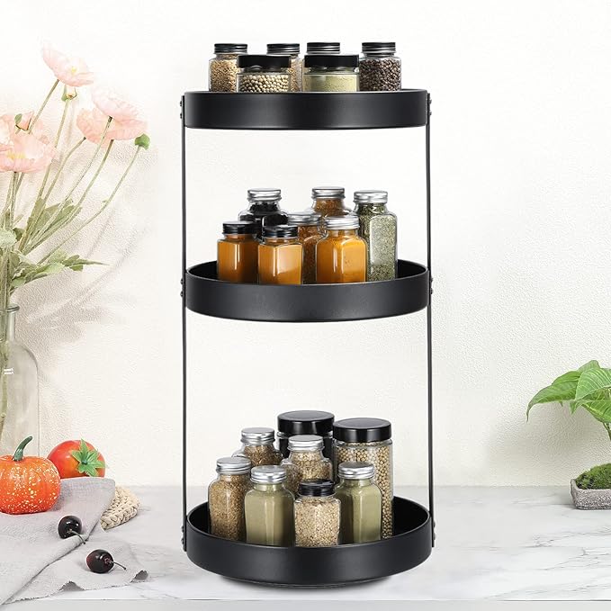 uxcell 3 Tier Lazy Susan Turntable, 12 Inch Metal Spice Rack Organizer for Kitchen Countertop Vertical Storage Rack Self Black