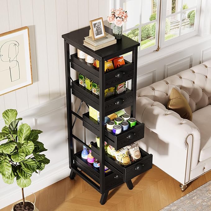 Tribesigns Wood Fruit and Vegetable Storage Rack Set of 2, 5-Tier Narrow Snack Stand Kitchen Stand Fruit Basket, Pull-Out Utility Organizer for Kitchen, Living Room, Black