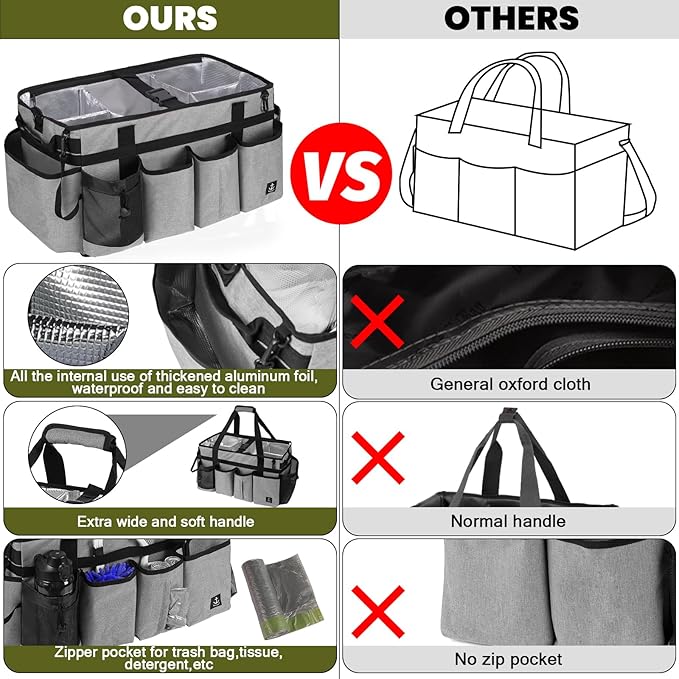Timoxi Extra large Cleaning Caddy Bag Built-in Sturdy Support Board, Cleaning Organizer with Detachable Divider, Cleaning Supply Tote with Adjustable Shoulder Strap (Grey, 19'' x 11'' x 11'')