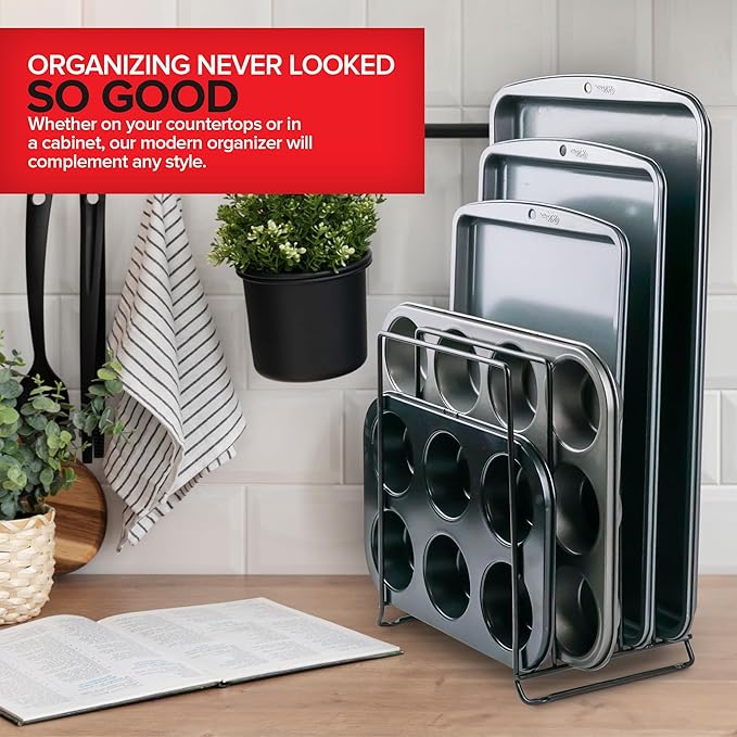 Stock Your Home Black (8 Pack) Extra Tall Steel Baking Pan Organizer Rack for Cabinet Storage or Kitchen Counter, Cookie Baking Sheet Organizer with Dividers, Muffin Tin and Cutting Board Holder