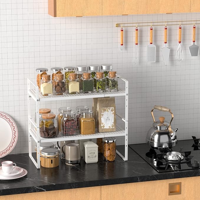 Expandable Kitchen Cabinet Shelf Organizer, Stackable Metal Pantry Storage Shelves, Adjustable Counter Shelf Organizer Rack for Kitchen Cabinets, Cupboard, Countertop, Closet, White