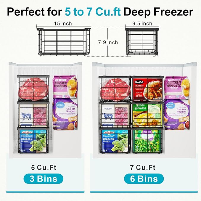 iSPECLE Freezer Organizer - for 5 to 7 Cu.Ft Chest Freezer, 6 Pack Easy Access Stackable Freezer Organizer Bins with Handles, Heavy Duty for Meat and Frozen Food, Assembly Required, Black