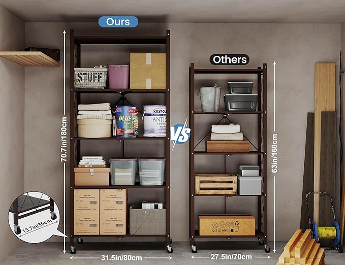ALANNG 70.7" H Metal Storage Shelves, 5 Tier Folding Shelf on Wheels, Heavy Duty, No Assembly, Rolling, Collapsible Rack Unit for Kitchen, Basement, Pantry (Vintage Brown,4 Pack)