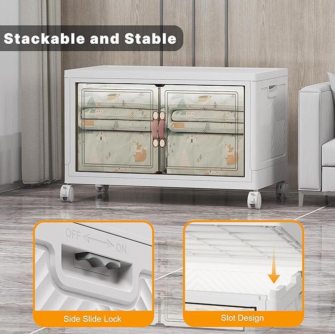 Stackable Storage Bins with Lids & Wheels & Door, Foldable Collapsible Closet Organizers, Extra Large Plastic Storage Drawers for Bedroom Dorm Office Garage (White-160QT, 1Pack with 1 top lid)
