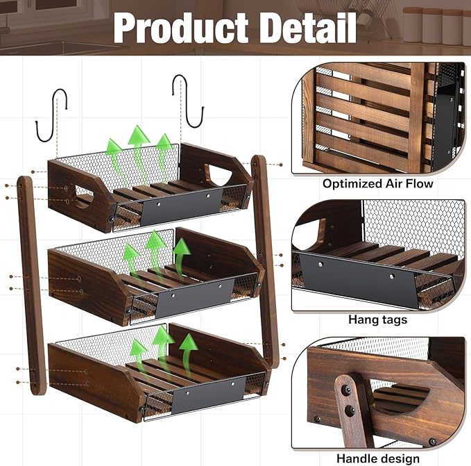 3 Tier Fruit Basket for Kitchen Counter Organizer with Banana Hangers Wooden Fruit Basket Kitchen Counter Storage Holder for Onion Potato Bread Vegetable Organize(11.7 x 12.5 x 15.7 Inches)