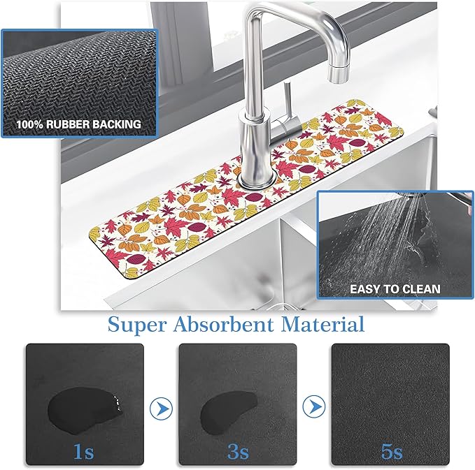 Faucet Mat Splash Guard Autumn Colorful Leave, Soft Diatom Mud Material, Strong Water Absorption, Non-slip,Easy to Clean for Bathroom, Kitchen 23.5"X5.5"