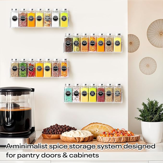 Wall Mounted Acrylic Spice Rack 2 Pack, 12 Inch Clear Pantry Door Organizer, Floating Spice Organizer, Adhesive or Screw Mounted Cabinet Seasoning Shelf