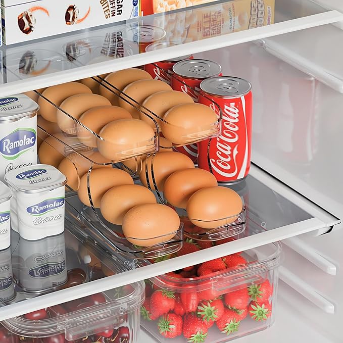 Egg Holder for Fridge, Auto Rolling Egg Storage Organizer for Refrigerator, Clear Space Saving Container, Dispenser - FIFO Egg Roller for Eggs 12 Count