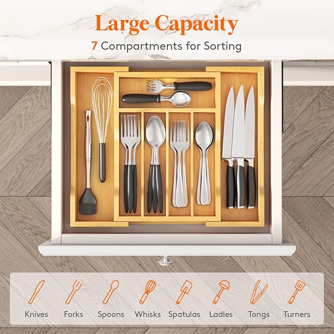 Lifewit Silverware Drawer Organizer, Expandable Utensil Tray for Kitchen, Bamboo Flatware and Cutlery Holder, Wood Adjustable Storage for Spoons Forks Knives, 9.4-15.7x13", Natural