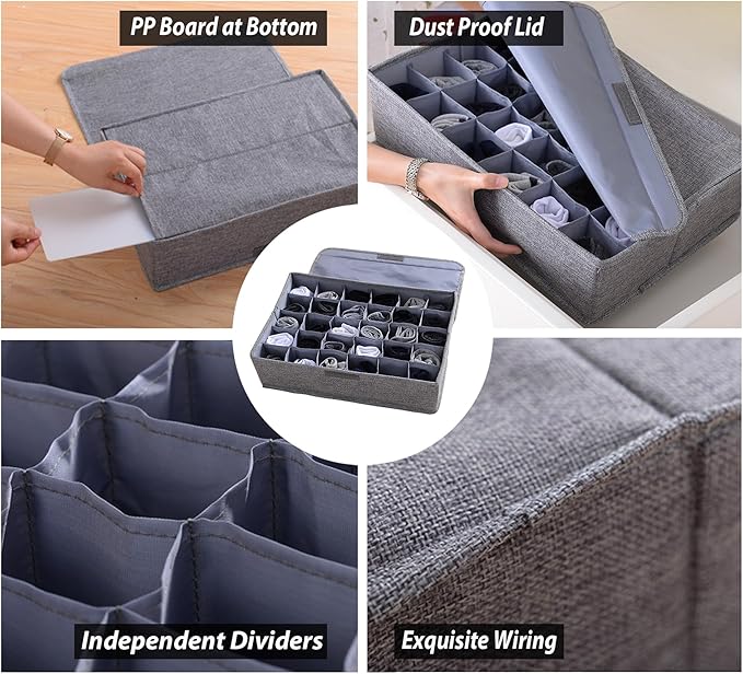 AARAINBOW 4 Packs Underwear Socks Ties Storage Organizer with Lids Foldable Closet Drawer Organizer 120 Cells, Fabric Wardrobe Divider Storage Boxes for Scarves and Lingerie (30 Cell, 4 Gray)