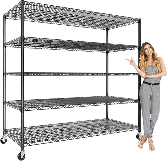 82" H Storage Shelves with Wheels, 5-Tier Metal Shelving Unit Load 3300LBS Capacity, Adjustable Wire Shelf Rack w/Feets, Heavy Duty Storage Shelving for Garage Pantry Rooms, 59" W X 24" D