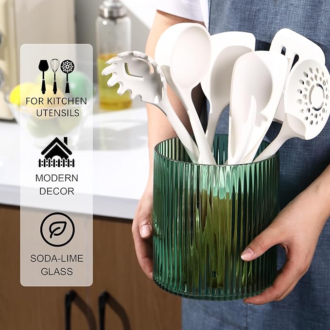 Green Utensil Holder, 6.3" Glass Kitchen Utensil Holder for Countertop, Large Cooking Utensil Holders for Kitchen Counter, Utensil Crocks for Farmhouse Decor