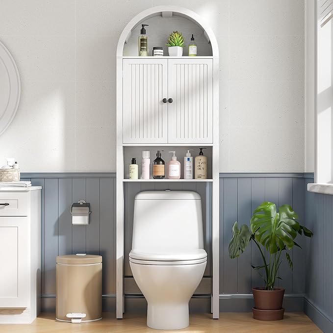 White Over The Toilet Storage Cabinet with Fluted Doors, 4 Tier Small Bathroom Shelf Organizer, Arched Bathroom Cabinet with Adjustable Shelf, Slim Narrow Toilet Rack, Wood, Anti-Tipping Device