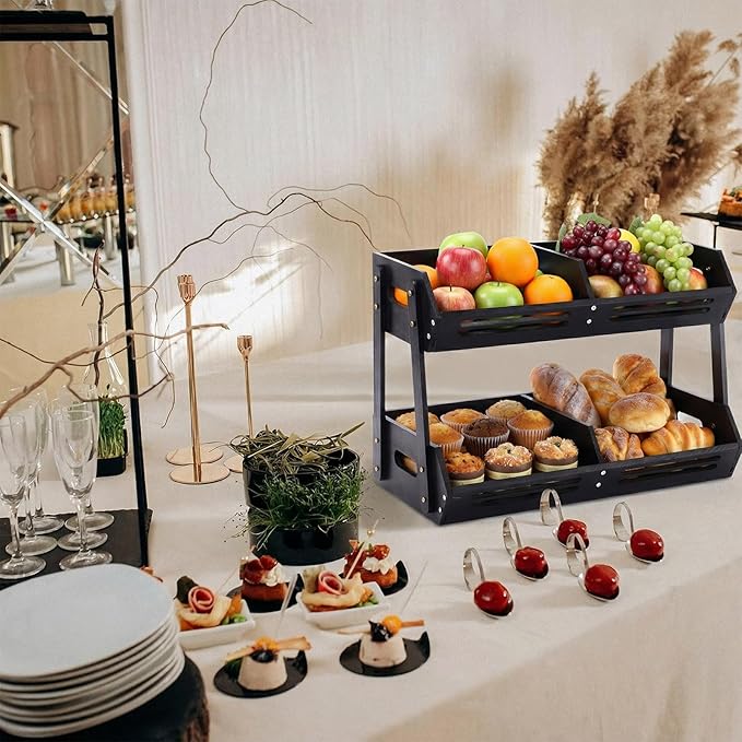 2 Tier Fruit Basket for Kitchen Counter Fruit Storage Large Black Wood Vegetables Basket with Banana Hooks Bowl Stand Holder Snack Organizer Countertop Onion Bread Pantry