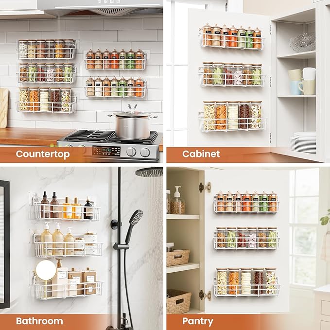 5 Pack Spice Rack Seasoning Organizer Wall Mount, Screw or Adhesive Hanging Shelf Basket Spice Organizer Shelf for Kitchen, White