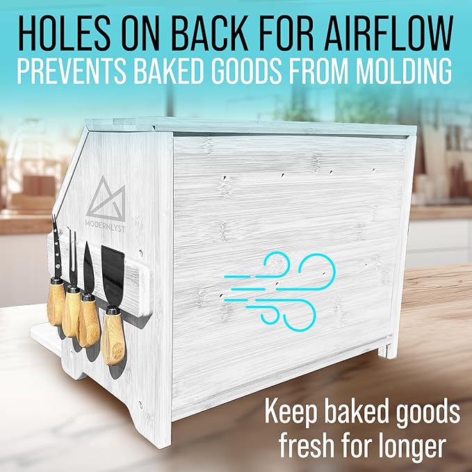 Extra Large White Bread Box with Cutting Board & Knife Set | 7 Piece Set | Bread Boxes for Kitchen Countertop | Bread Storage Container | Bamboo Breadbox | Assembly Required