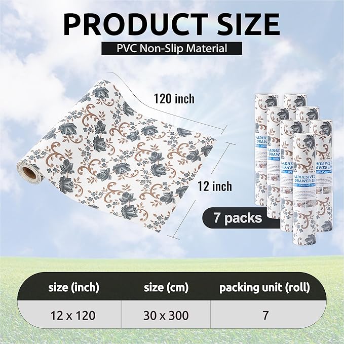FIFTY FEET 12X120 Inch Shelf Liner for Kitchen Cabinets, PVC Drawer Liner for Dresser Non-Slip Bathroom, Non-Adhesive Cabinet Liner Washable (Black Floral)(7 Roll)