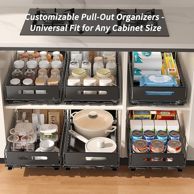 1 Pack Pull Out Cabinet Organizer, Slide Out drawers for cabinets, Heavy Duty Carbon Steel Roll Out Shelves for kitchen, bathroom, under sink, pantry (14.7’’-23.1’’ Slide, Adhesive & Screw)