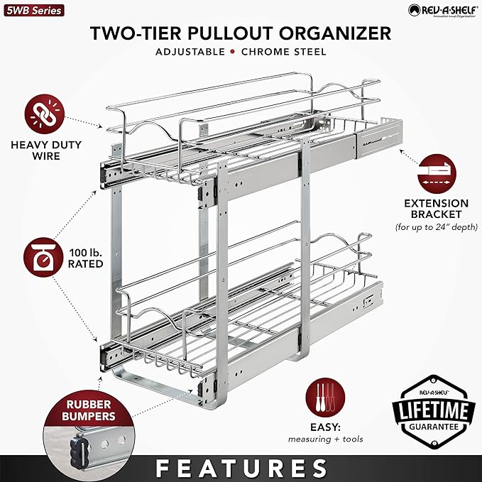Rev-A-Shelf 2-Tier Kitchen Cabinet Pullout Shelf and Drawer Organizer Slide Out Pantry Storage Basket in Multiple Sizes, 9 x 22 In, 5WB2-0922CR-1