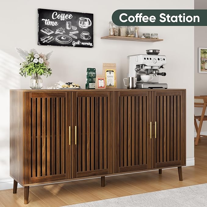 63" Long Sideboard Buffet with 4 Slatted Doors, Farmhouse Buffet Storage Cabinet with Adjustable Shelf, Coffee Bar Cabinet for Entryway, Kitchen, Dining Room, Living Room, Walnut Color