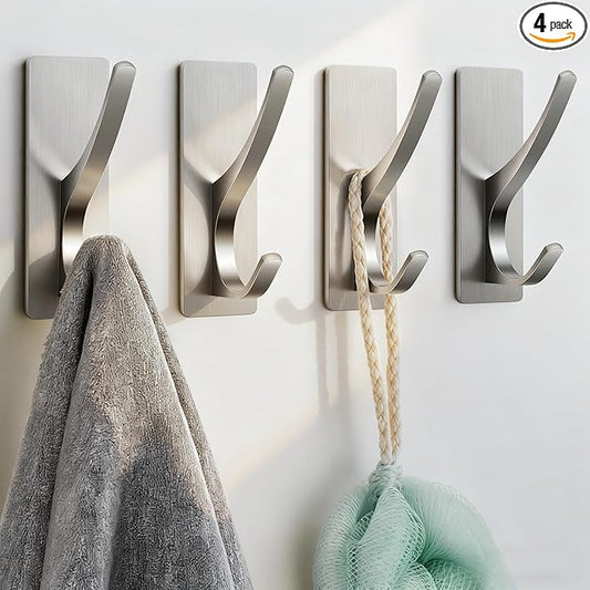 Josmimic Self Adhesive Towel Hooks: Extra Strong 13LB, Stainless Hook for Hanging Loofah, Towels, Coat, Bath Robe Bathroom Shower, Brushed Nickel, 4 Pack
