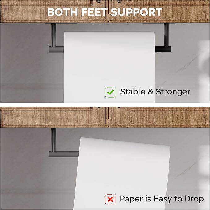 Paper Towel Holder Under Cabinet, Self Adhesive or Wall Mounted SUS304 Stainless Steel Paper Towel Holder for Kitchen, Bathroom, Farmhouse, Barbecue and Laundry (Matte Black)