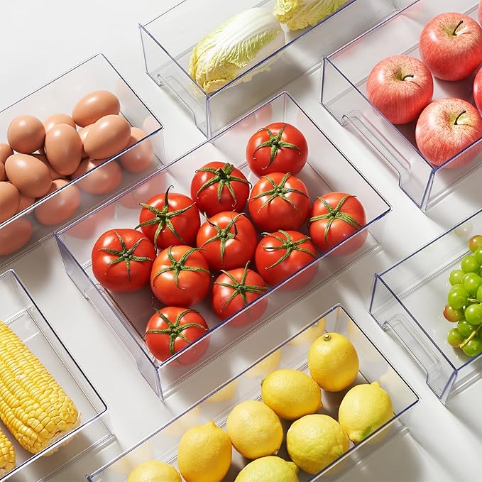 PiJeyiee Clear Stackable Refrigerator Organizers and Storage Drawers - Pull-Out Fridge Bins with Anti-Slip Base & Easy Clean, Plastic Organizers for Kitchen Pantry Cabinet Closet ﻿ (2XL)