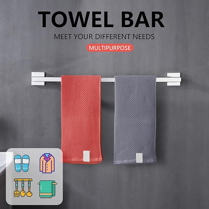 LANC 24-Inche Chrome Towel Bar for Bathroom Wall Mounted 60CM Silver Bath Towel Rack Stainless Steel Polished Towel Rod for Lavatory Kitchen Towel Holder Towel Hanger, A9010CP-L6
