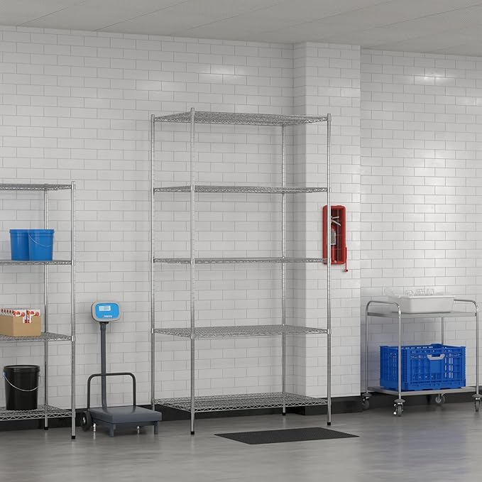 Commercial NSF Listed Chrome Stationary Wire Shelving Kit 30" x 48" x 96", with 5 Shelves Perfect for Warehouse, Walk-in Refrigerator, Freezer, Grocery Store, Restaurant, Dishroom
