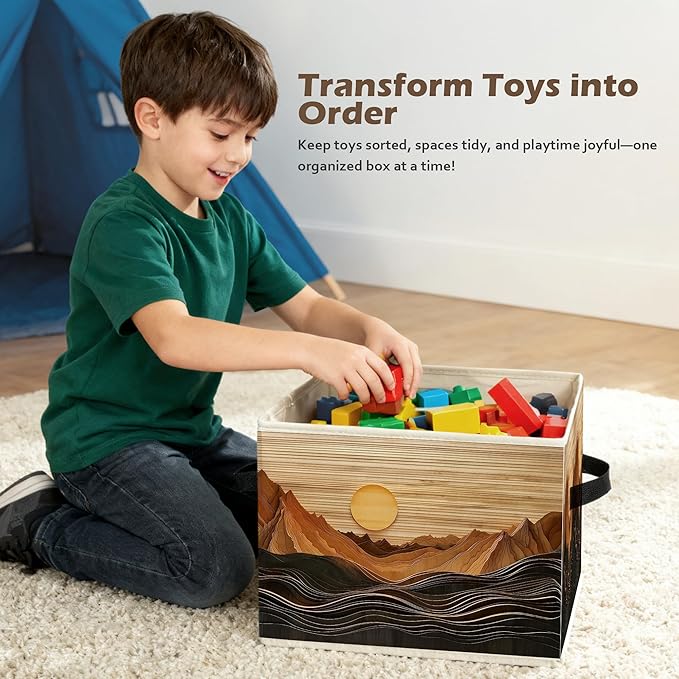 Boho Abstract Sun Mountain Storage Box Bins, Rustic Modern Abstract Boho Collapsible Storage Basket Organizer for Bedroom Laundry Room Home Clothes Toys Books, Toybox for Kids