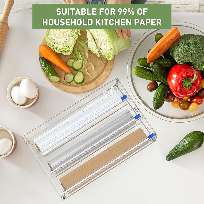 Foil and Plastic Wrap Organizer, 3 in 1 Kitchen Wrap Dispenser, Drawer Aluminum Foil Organization and Storage, Wall-Mounted Holder