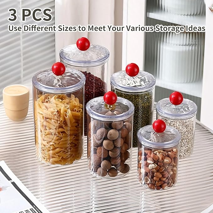Set of 3 Airtight Food Storage Canisters with Lids, Thickened Clear Leakproof Kitchen Jars, 0.9L, 1.4L, 2L, Pantry Organization Containers for Coffee, Sugar, Flour, Pasta, Rice and Cereal