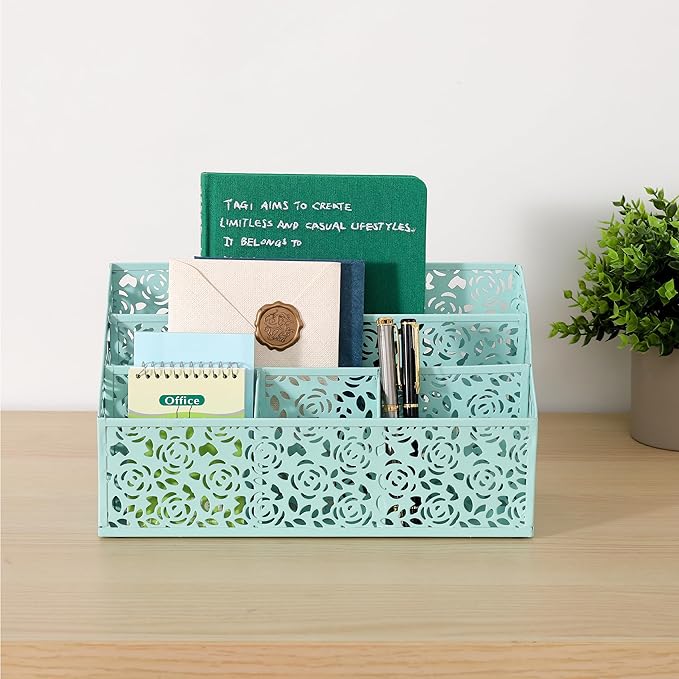 Modern Countertop Organizer, Desk Accessories - Organizer for Bills, Letters, Papers - Mail Sorter, Pencil Holder (Blue)