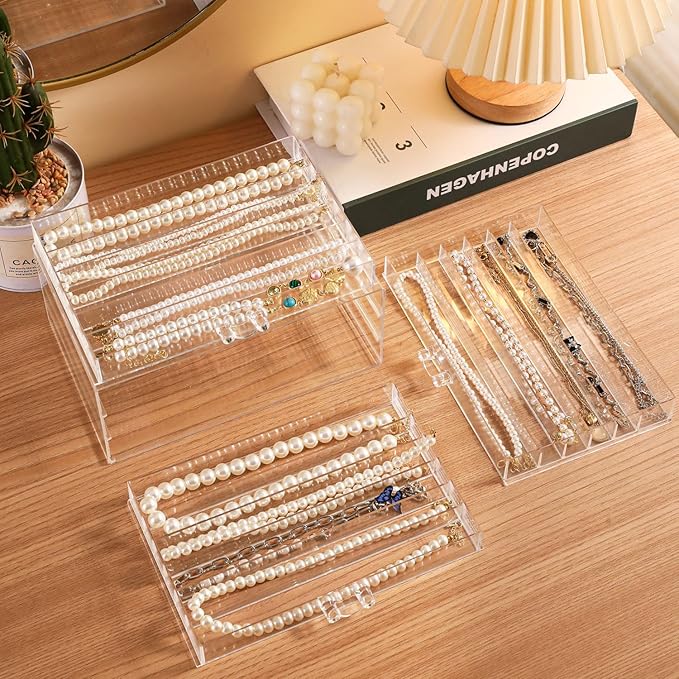 Necklace Organizer Box Tray with 3 Clear Drawers, Dustproof Necklaces Holder Storage Display Case, Necklace Tray Drawer for Pendant Suitable for Women and Girls (Transparent)