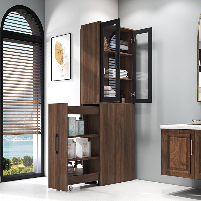 Walnut Tall Storage Cabinet with Glass Doors and Rolling Cart, 71” Wooden Pantry Cabinet with 4-Tier Pull-Out Shelf, Modern Display Bookcase for Kitchen, Bathroom, Study, Living Room