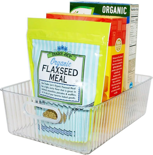 Oggi Clear Fluted Storage Bin with Handle - Durable Plastic Organizer for Fridge, Pantry, Cabinets & Countertop, Modern Farmhouse Style, Ideal for Kitchen Organization and Storage, 11.75" x 8.25"