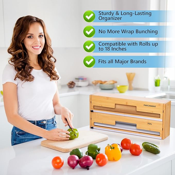 18 Inch Large Foil Wrap Dispenser with Cutter, 2 in 1 Aluminum Butcher Parchment Paper Freezer Tin Wax Cling Foil Plastic Wrap Organizer for Kitchen Drawer Bamboo Saran Storage Roll Holder
