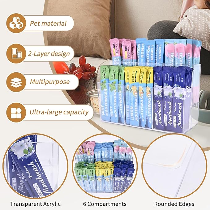 2-Tier Drink Packet Organizer, Acrylic Water Flavor Packet Holder with 6 Compartments, Stackable Drink Mix Organizer for Pantry, Kitchen Cabinet & Countertop Storage