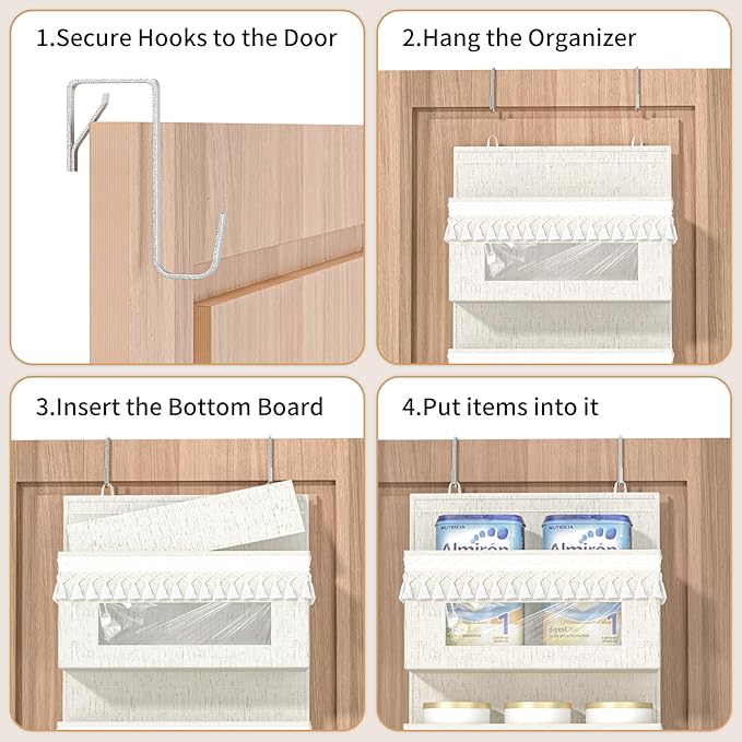 Aokeyee 4 Shelf Over The Door Organizer Nursery, Boho Closet Hanging Organizer Storage with Tassels and Clear Window, Behind The Door Storage for Baby Nursery, Bedroom, Bathroom, Laundry, Pantry