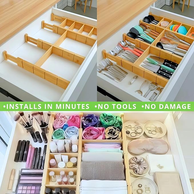 13.7-18.7" Expandable Bamboo Drawer Dividers with Inserts 4-Pack Spring-Loaded with Non-Slip EVA Pads, Adjustable Separator Set for Kitchen Utensils,Bedroom, Office,Bathroom